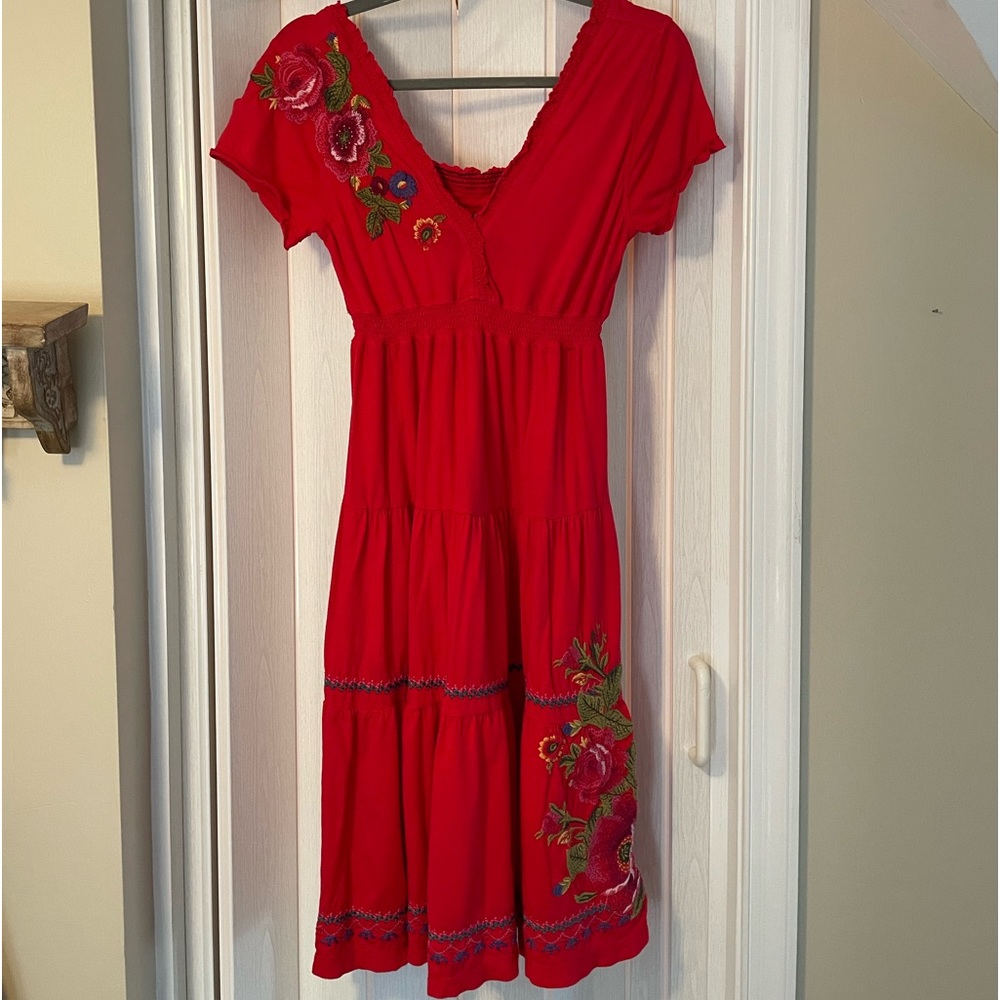Johnny Was joy love light Red V Neck Embroidered Dress. Like New!